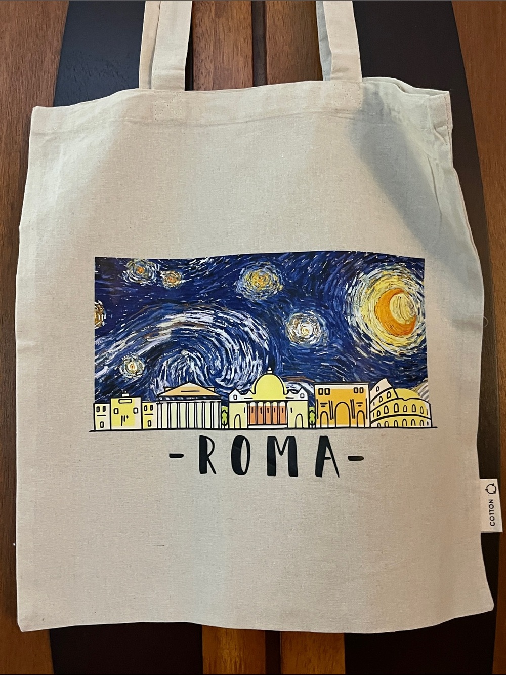 #28-Roma Starry Night Canvas Tote Bag - Beige with Blue and Yellow Print